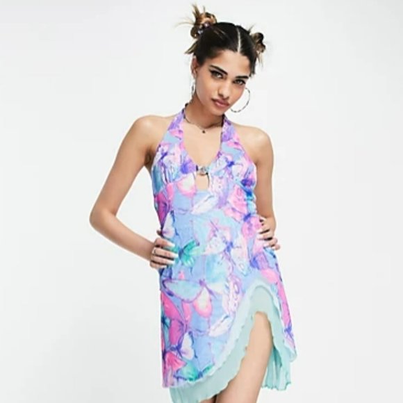 Elsie & Fred halter neck mini dress in butterfly print - Picture 1 of 3
